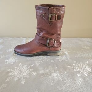 Verese Brown Leather Moto Combat Boots With Buckles And Side Zip Size 37
